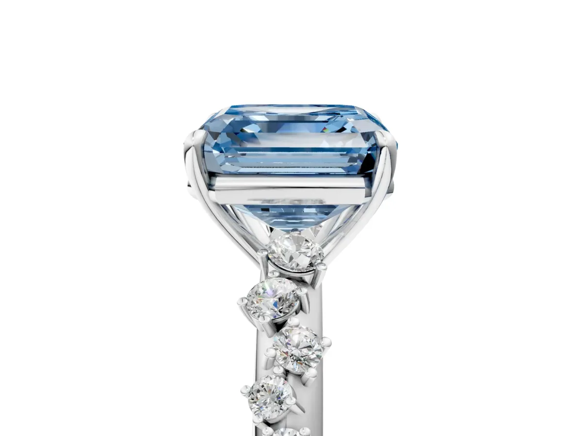 Fancy Blue Asscher Cut Diamond Cluster Side Stone Solitaire Ring with Prong Setting Platinum