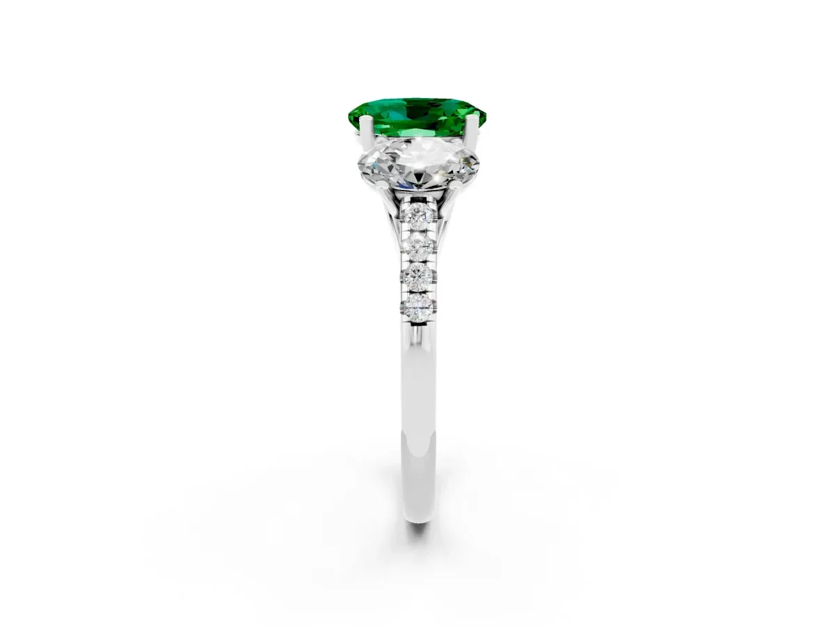 Three-Stone Oval Cut Emerald Ring with Round Pavé Band and Prong Setting Silver
