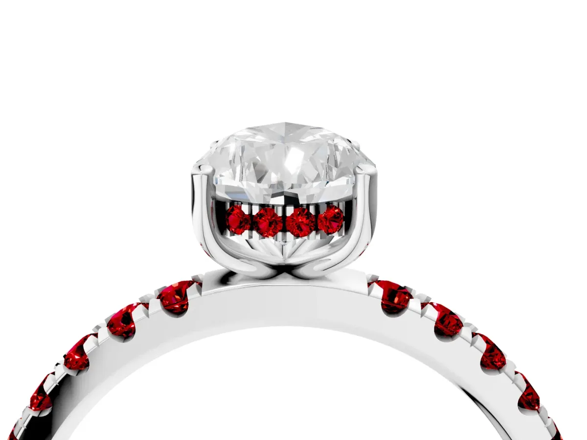 Pear Cut Diamond Pave Band Solitaire Ring with Round Ruby and Prong Setting Platinum
