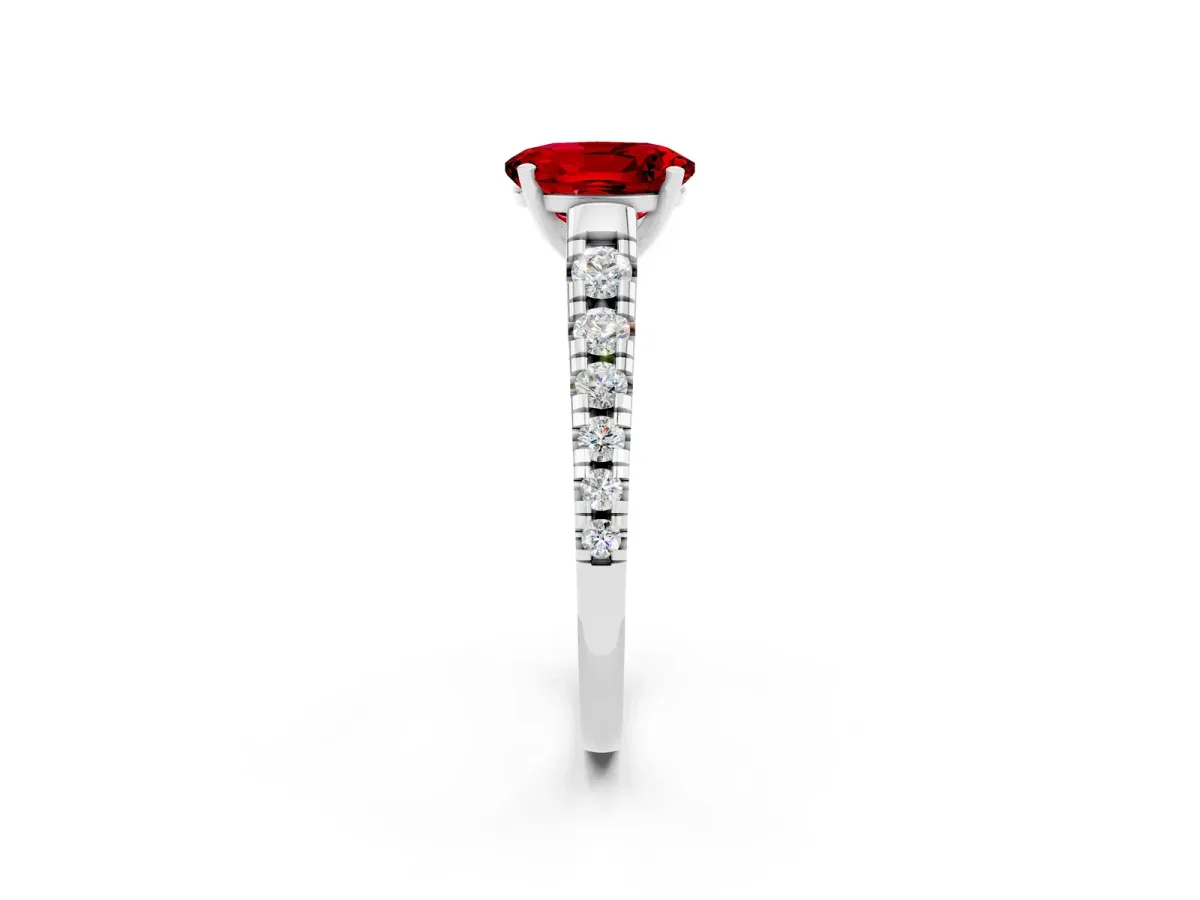 Oval Cut Ruby Cathedral Solitaire Ring with Round Pavé Band White gold