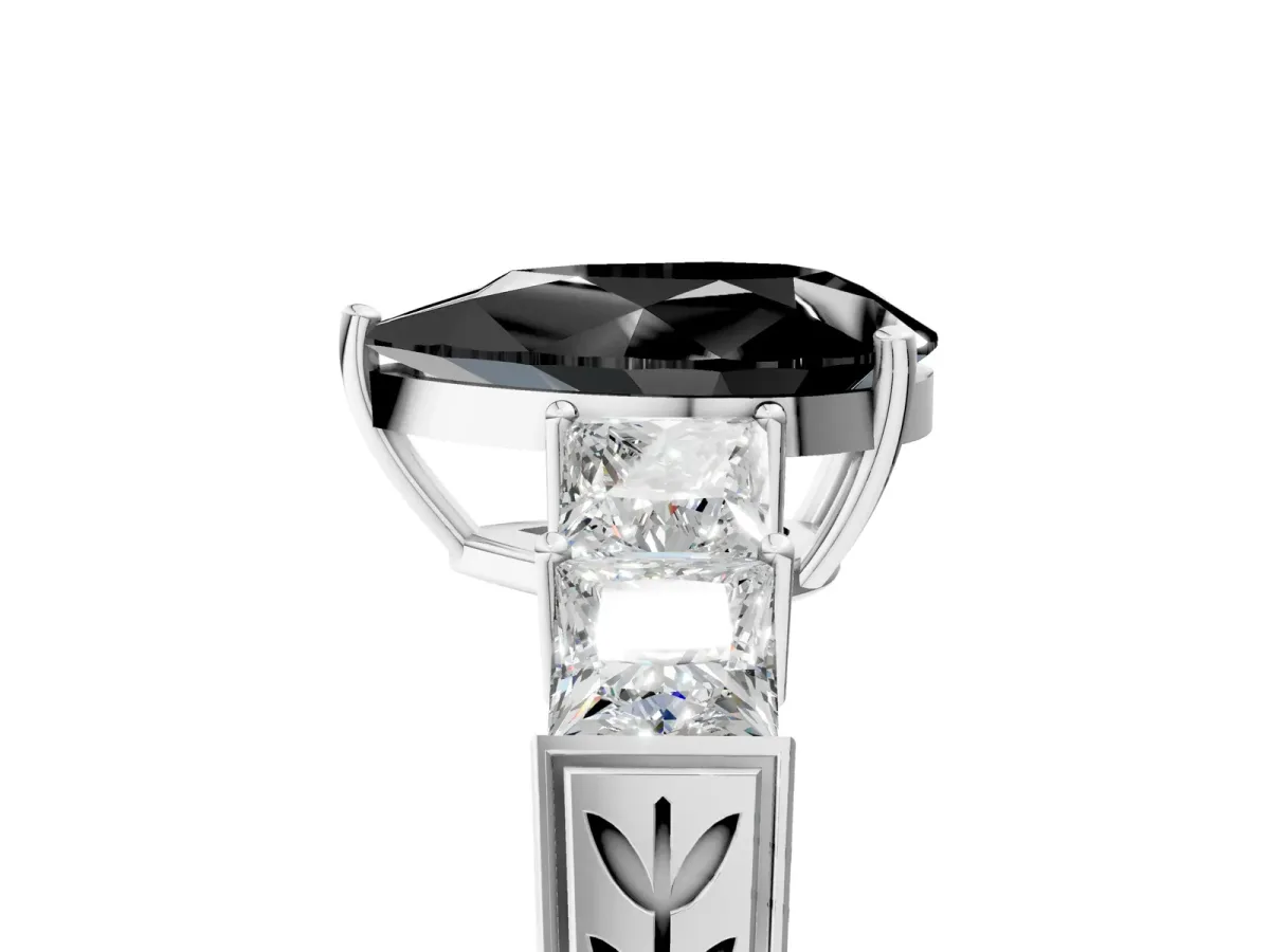 Fancy Black Pear Cut Solitaire Princess Side Stone Engraved Band Prong Setting Ring Silver