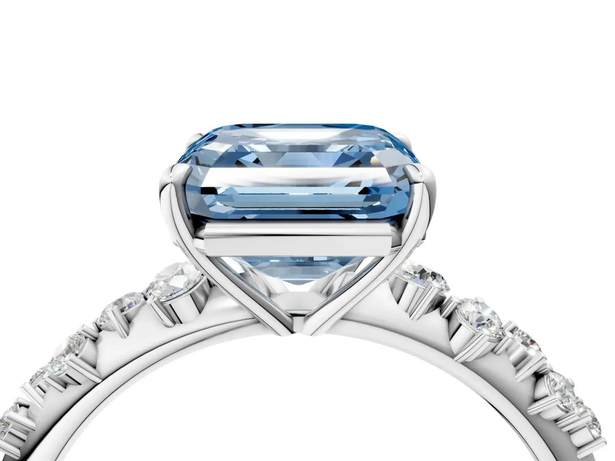 Fancy Blue Asscher Cut Diamond Cluster Side Stone Solitaire Ring with Prong Setting Platinum