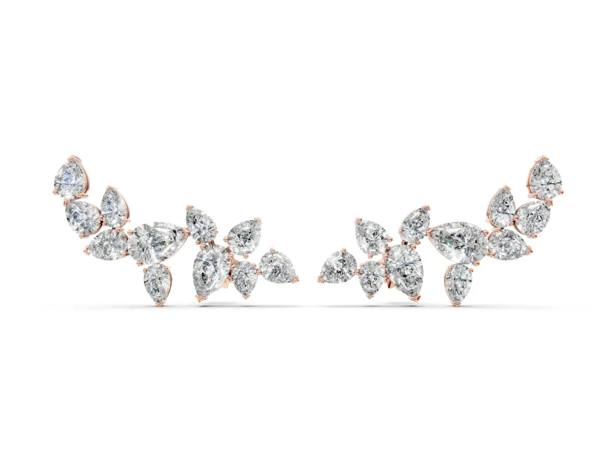 Pear Diamond Curved Cluster Climber Earrings Rose gold