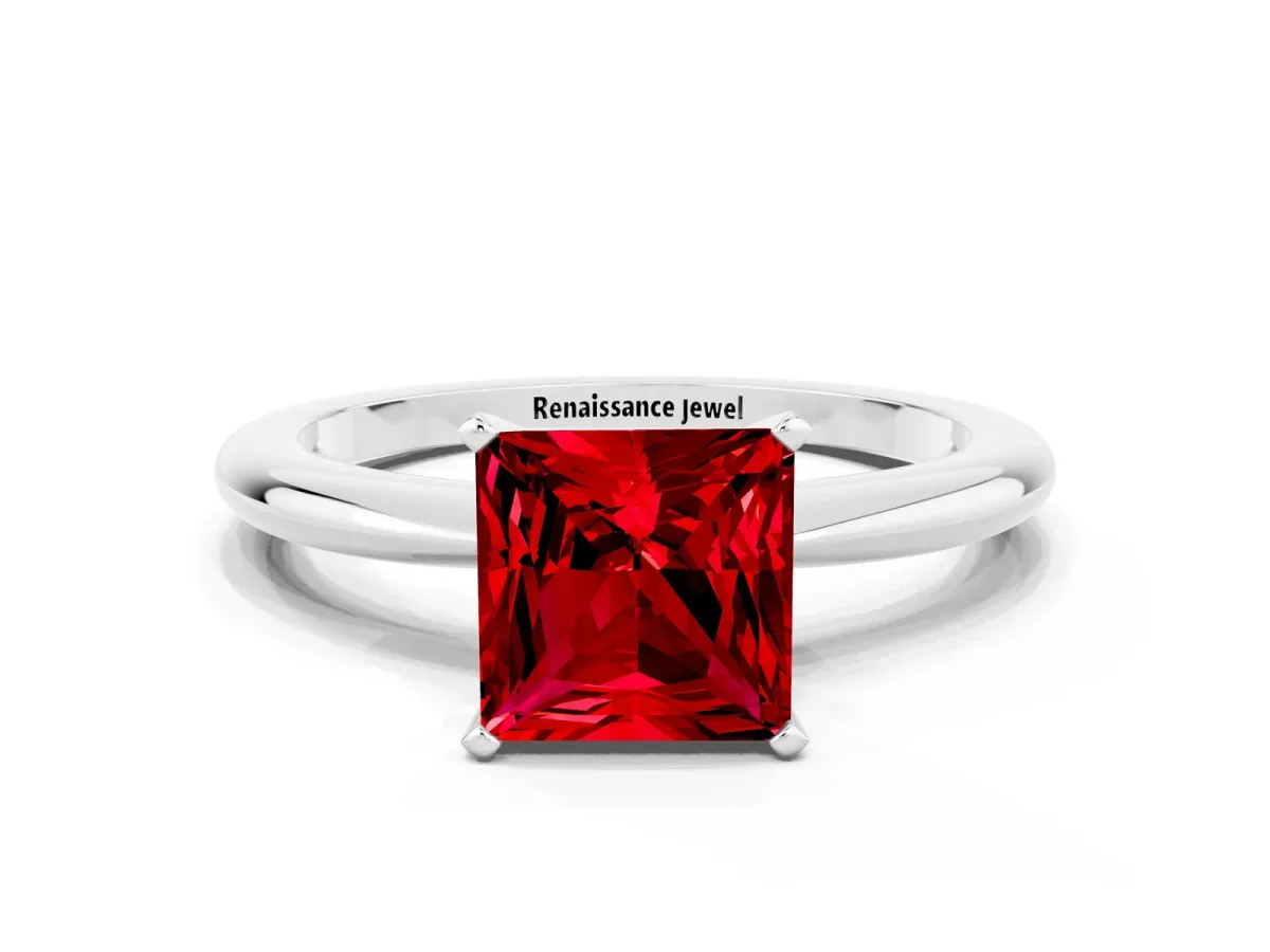 Princess Cut Ruby Solitaire Ring with Six-Prong Setting and Classic Band Silver