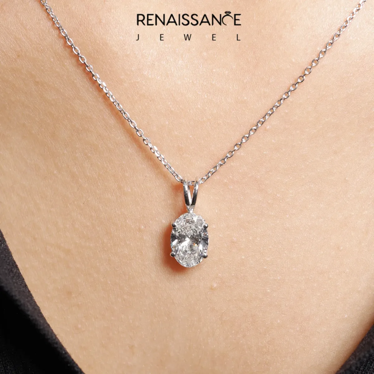 Oval Solitaire Diamond Prong Pendant Silver