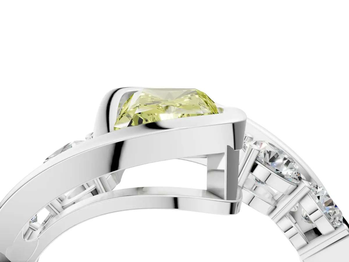 Fancy Yellow Bezel Set Radiant Cut Diamond Bypass Ring with Round Accents Platinum