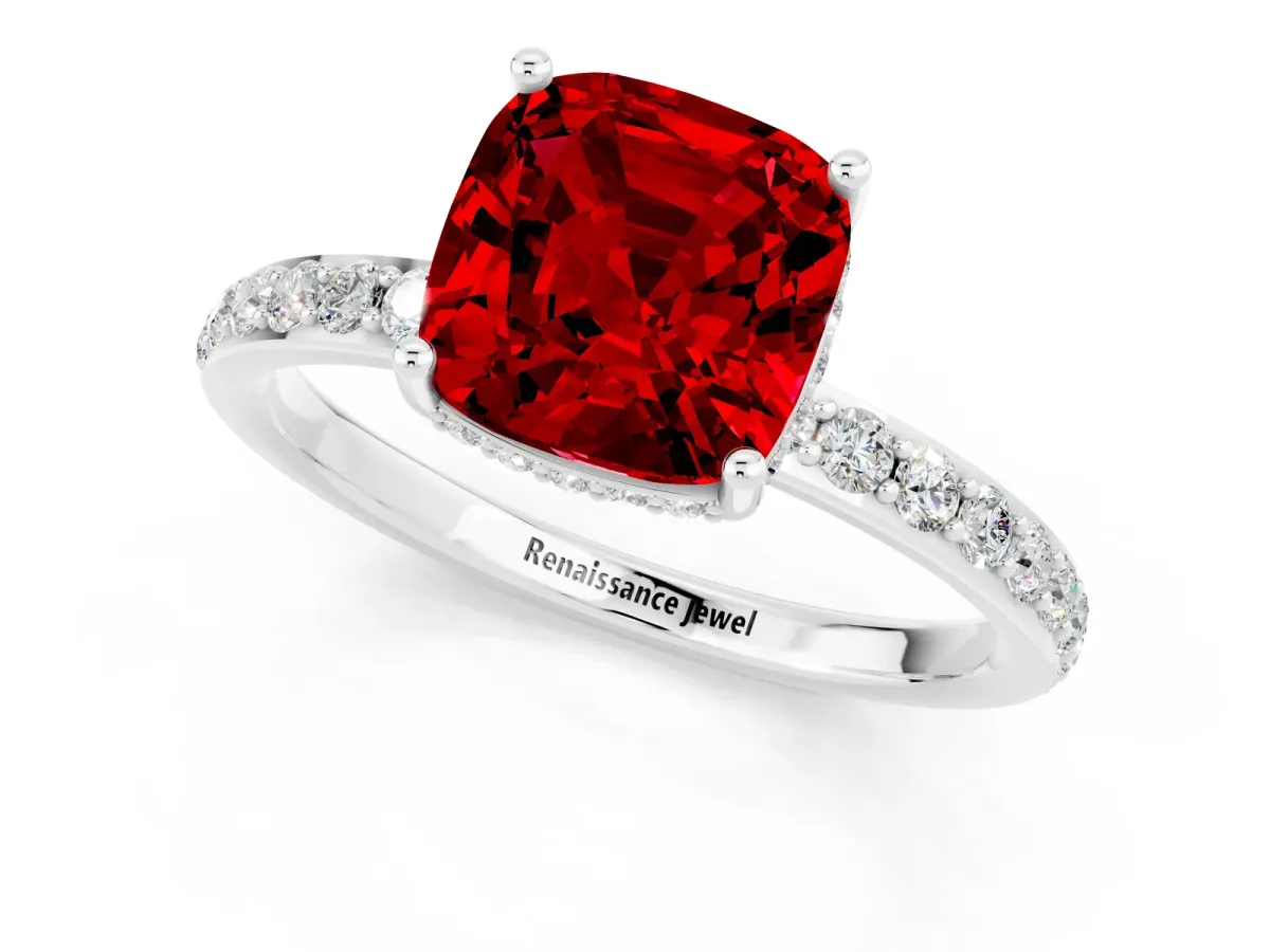 Cushion Cut Ruby Solitaire Ring with Pavé Band and Hidden Halo Silver