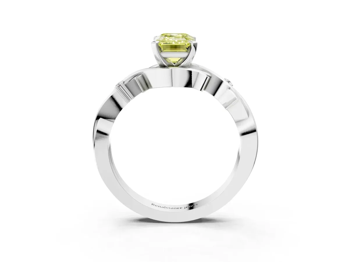 Fancy Yellow Emerald Cut Diamond Solitaire Ring with Twisted Band and Prong Setting Silver