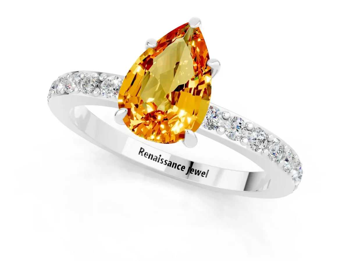 Pear Cut Citrine Solitaire Engagement Ring with Pavé Band and Four-Prong Setting White gold