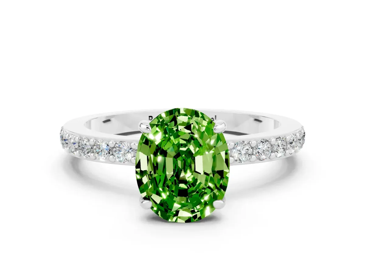 Oval Cut Peridot Solitaire Engagement Ring with Pavé Band and Four-Prong Setting Platinum