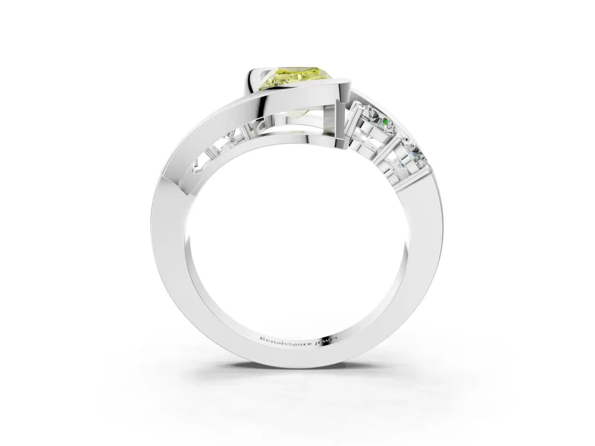 Fancy Yellow Bezel Set Radiant Cut Diamond Bypass Ring with Round Accents Platinum