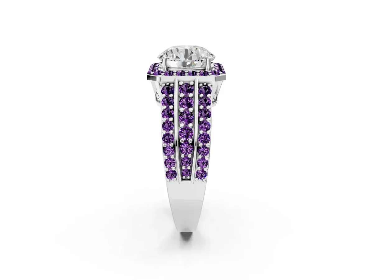 Round Cut Halo Diamond Ring with Round Tanzanite Split Shank and Prong Setting Silver