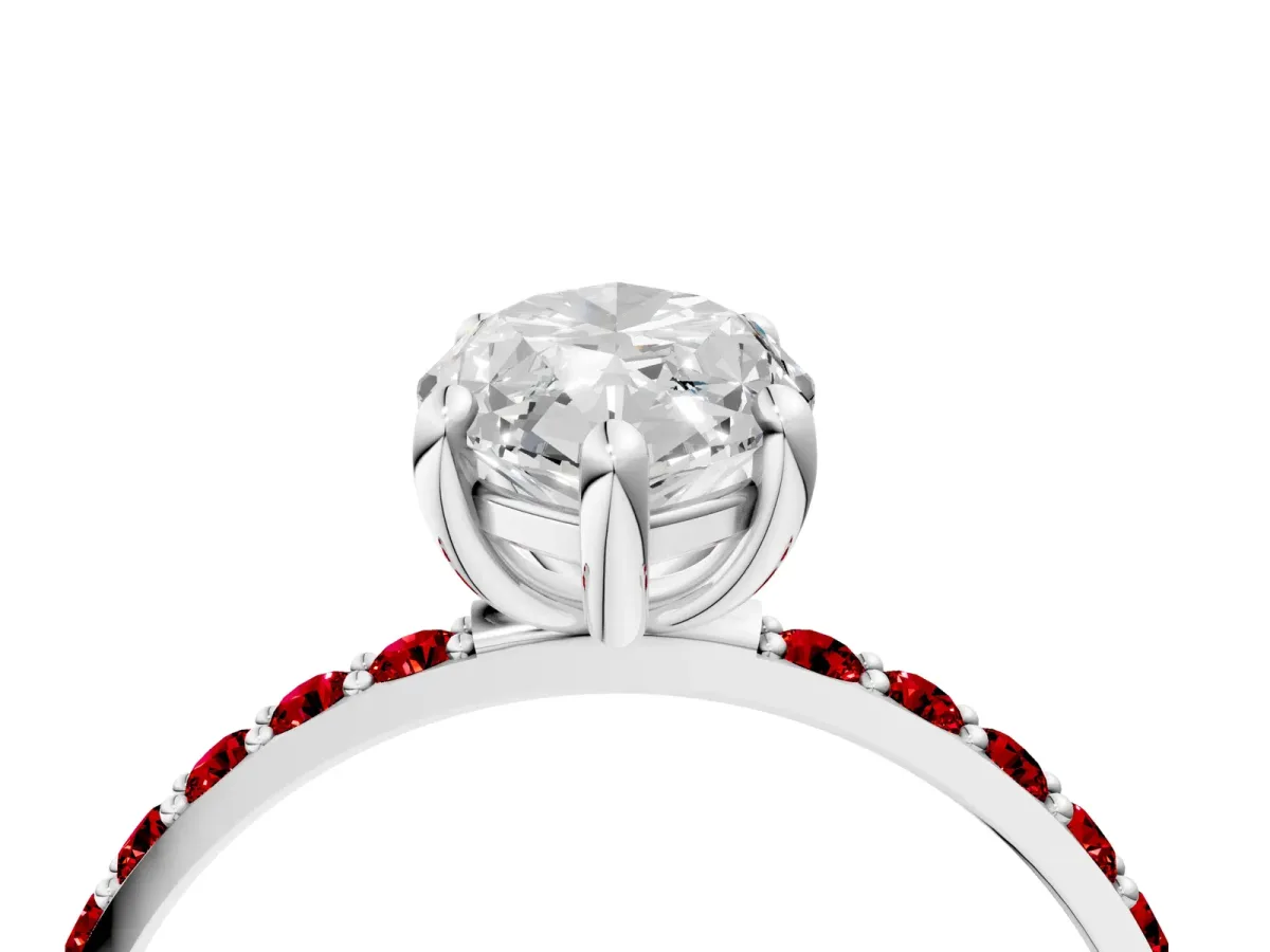 Marquise Cut Diamond Solitaire Ring with Round Ruby Pavé Band and Prong Setting Silver