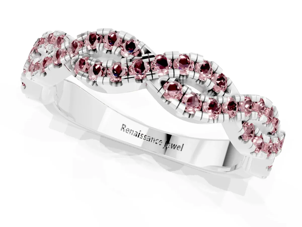 Round Morganite Twisted Eternity Band with Pavé and Shared Prong Setting Silver
