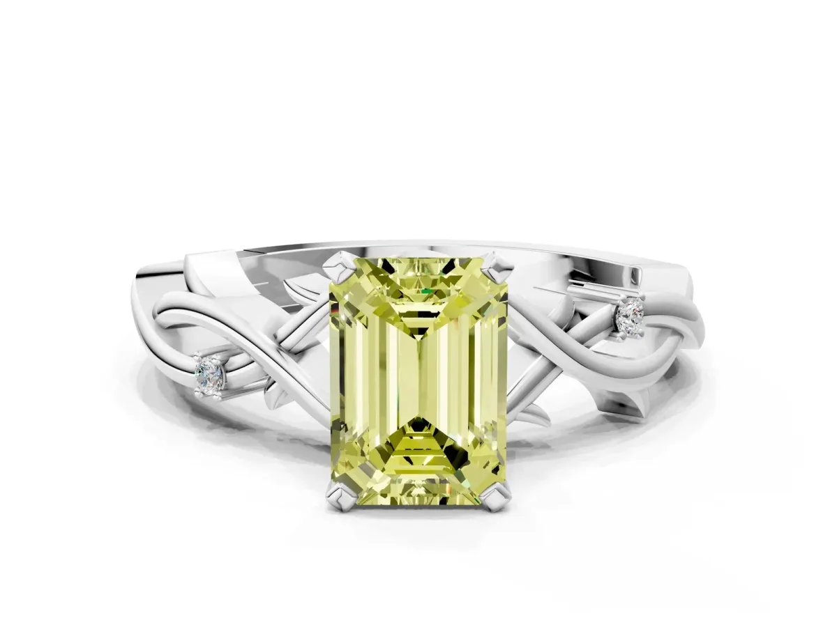 Fancy Yellow Emerald Cut Diamond Solitaire Ring with Twisted Band and Prong Setting Silver