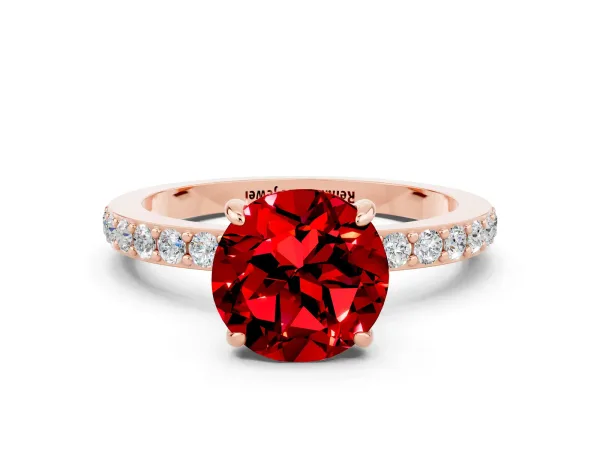 Round Cut Ruby Solitaire Engagement Ring with Pavé Band and Four-Prong Setting Rose gold