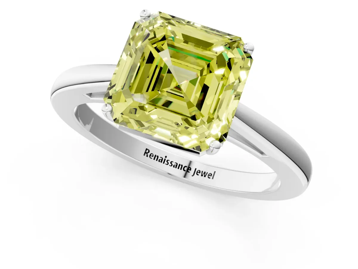 Fancy Yellow Asscher Cut Solitaire Diamond Ring with Split Shank and Four-Prong Setting Platinum