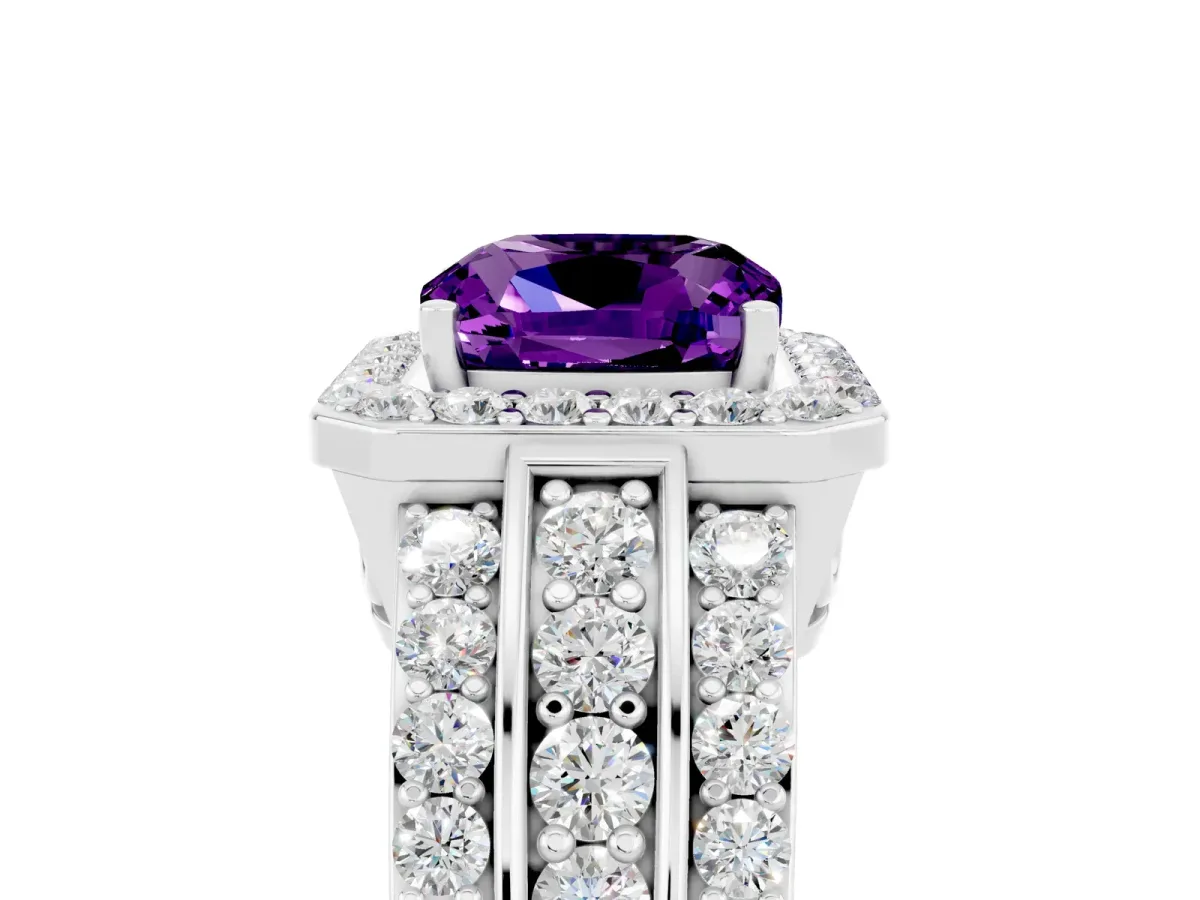 Cushion Cut Halo Amethyst Ring with Round Split Shank and Prong Setting Silver
