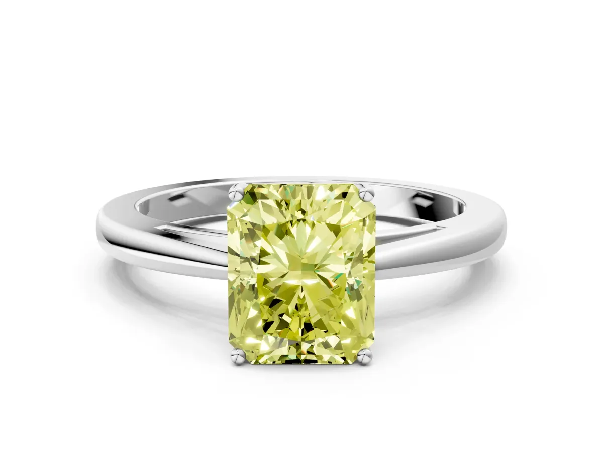 Fancy Yellow Radiant Cut Solitaire Diamond Ring with Split Shank and Four-Prong Setting Platinum