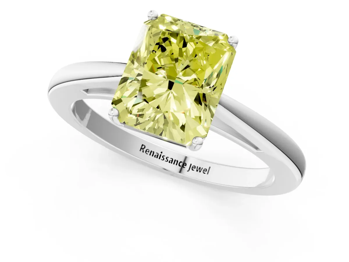 Fancy Yellow Radiant Cut Solitaire Diamond Ring with Split Shank and Four-Prong Setting Platinum