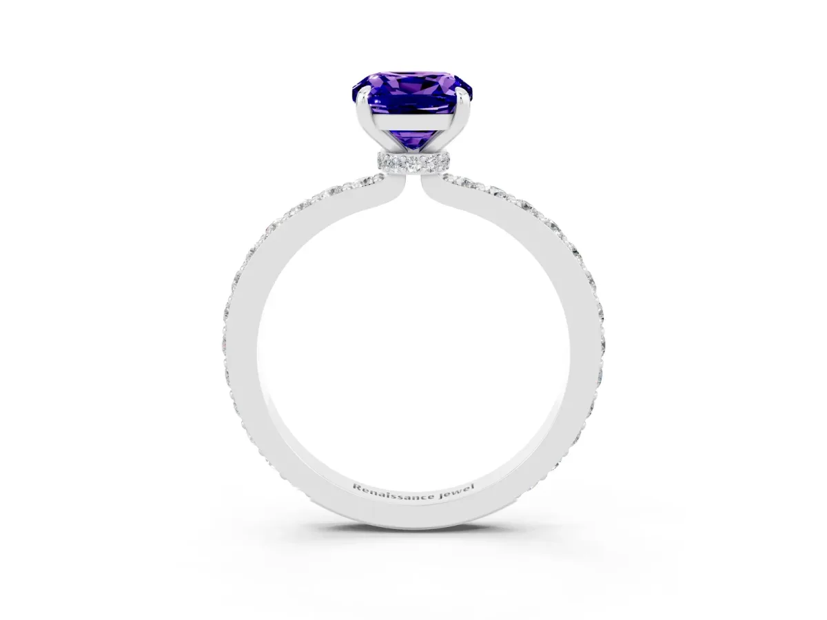 Cushion Cut Tanzanite Solitaire Engagement Ring with Pavé Band and Four-Prong Setting White gold