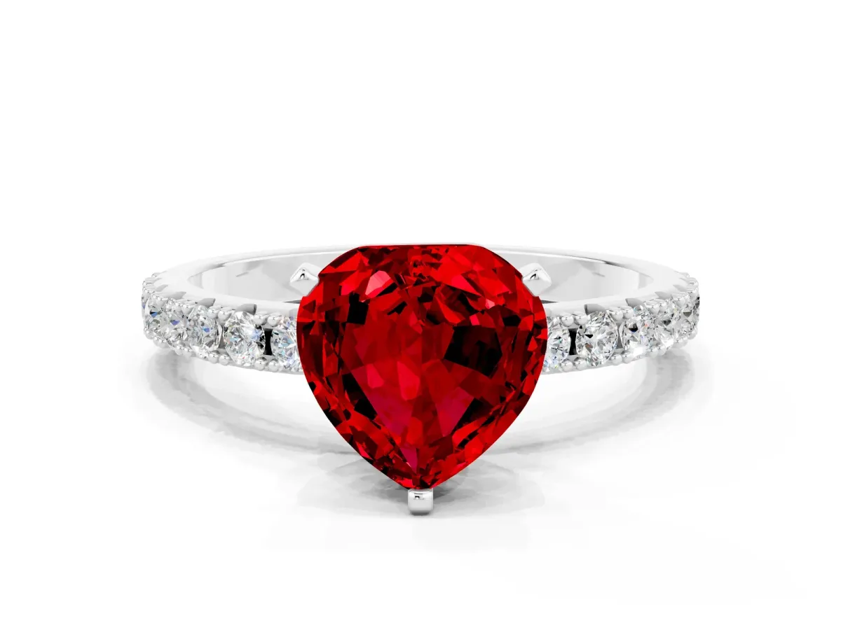 Heart Cut Ruby Solitaire Pavé Band with Four-Prong Setting Platinum