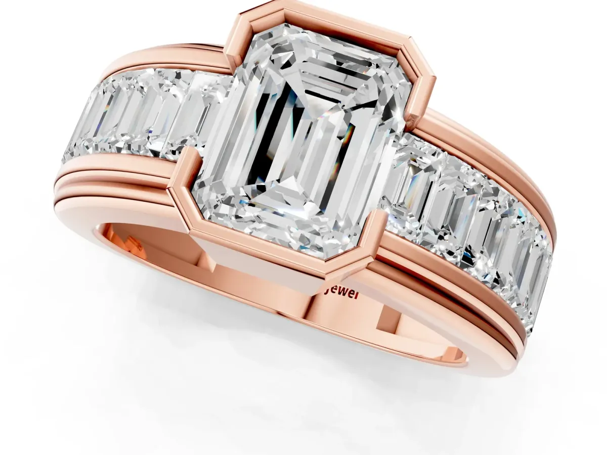 Emerald Cut Diamond Side Stone Engagement Ring Rose gold
