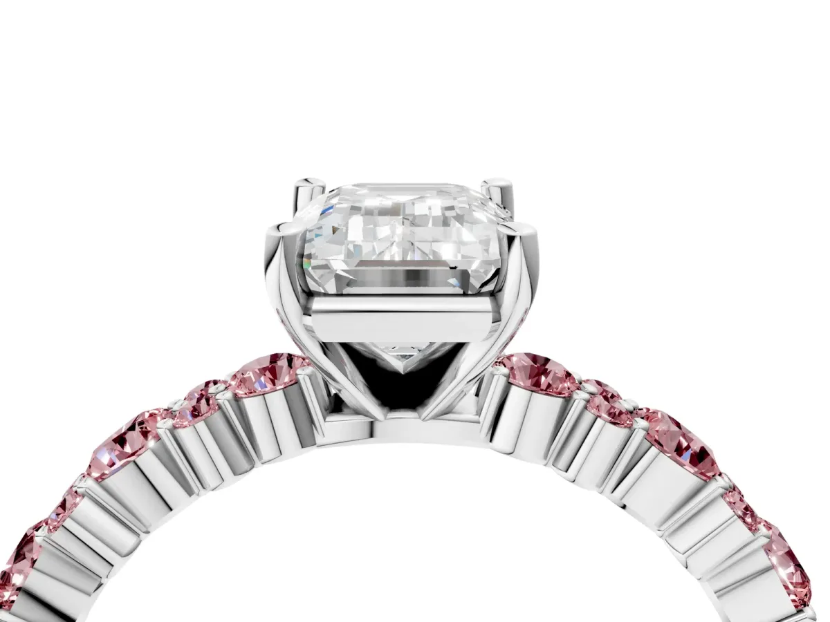 Emerald Cut Diamond Side Stone Solitaire Ring with Round Morganite and Four-Prong Setting Silver
