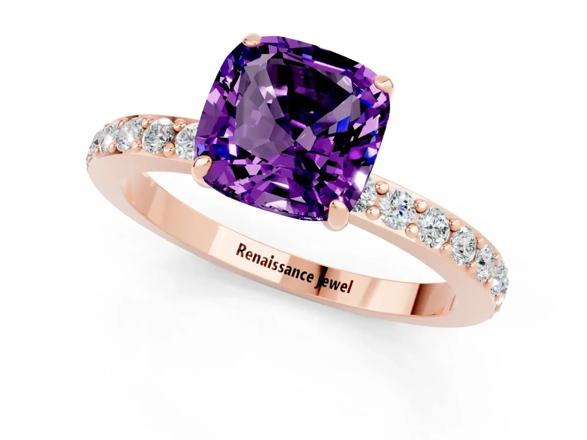 Cushion Cut Amethyst Solitaire Engagement Ring with Pavé Band and Four-Prong Setting Rose gold