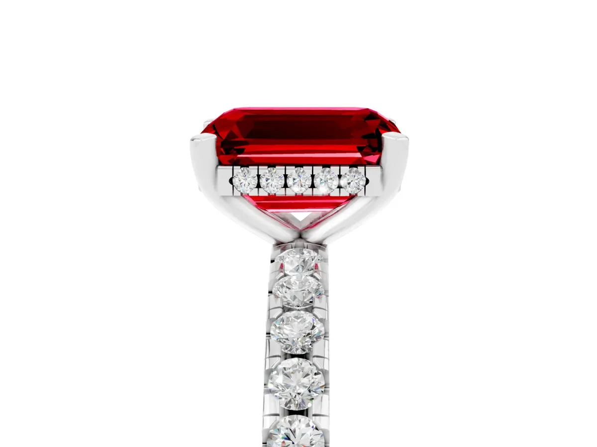 Emerald Cut Ruby Solitaire Ring with Round Pavé Band and Four-Prong Setting White gold