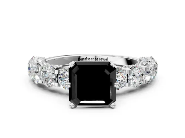 Fancy Black Asscher Cut Diamond Side Stone Engagement Ring with Four-Prong Setting White gold