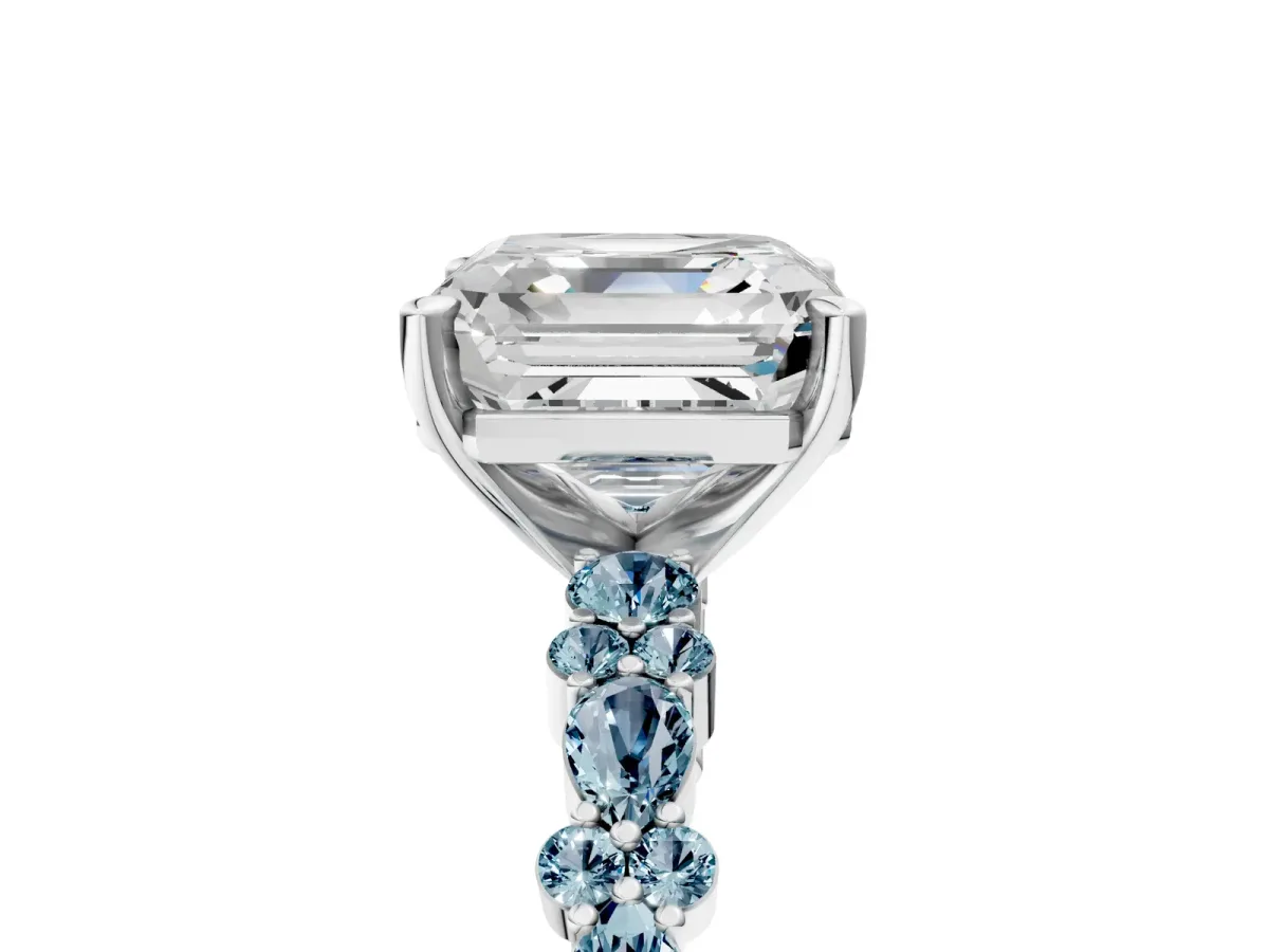 Asscher Cut Diamond Side Stone Solitaire Ring with Round Aquamarine and Four-Prong Setting Platinum