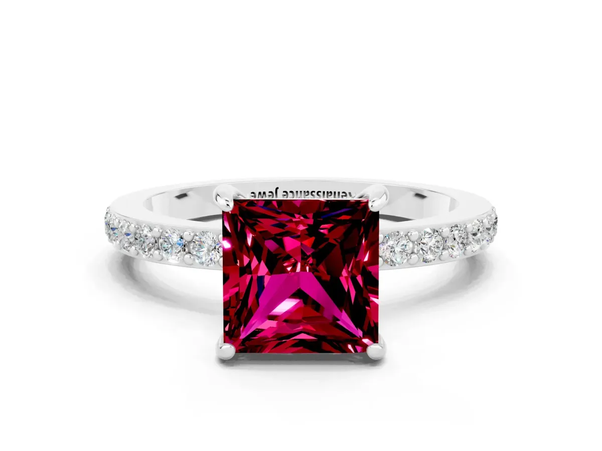 Princess Cut Garnet Solitaire Engagement Ring with Pavé Band and Four-Prong Setting White gold
