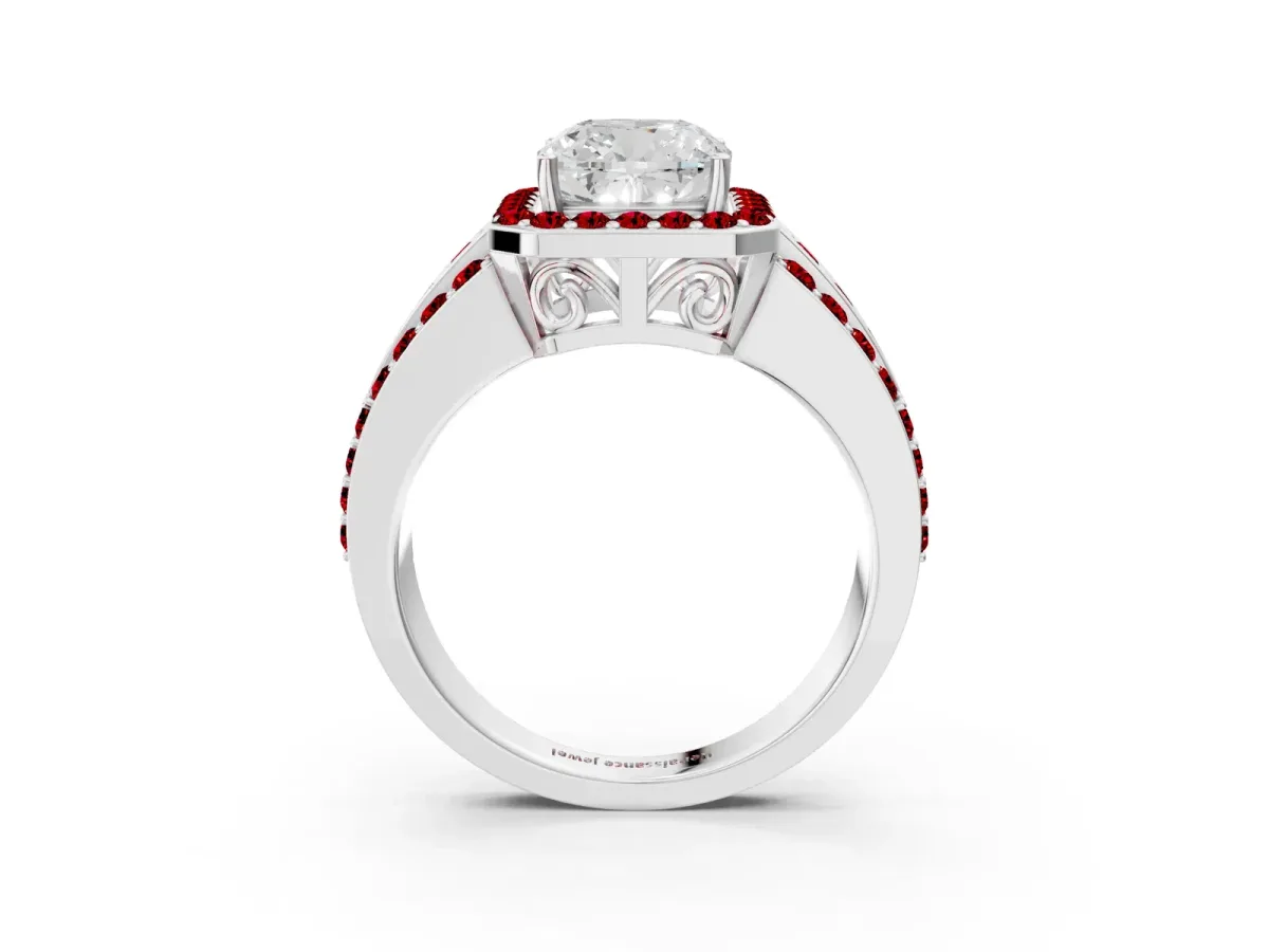 Cushion Cut Halo Diamond Ring with Round Ruby Split Shank and Prong Setting White gold