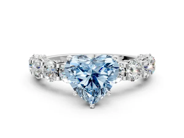 Fancy Blue Heart Cut Diamond Side Stone Engagement Ring with Four-Prong Setting White gold