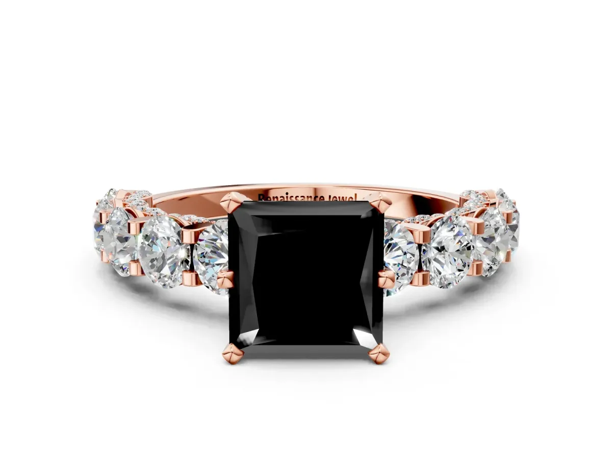 Fancy Black Princess Cut Diamond Side Stone Engagement Ring with Four-Prong Setting Rose gold