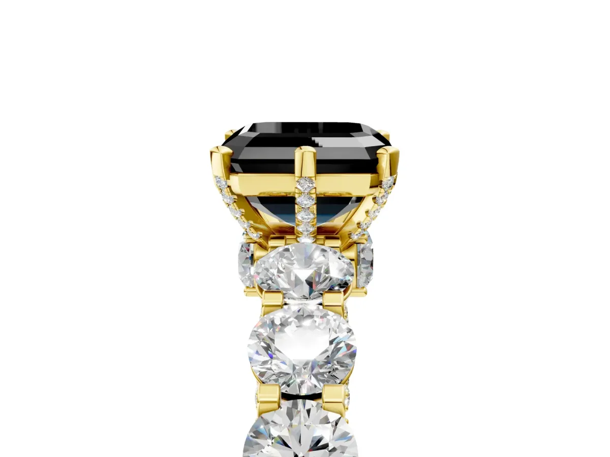 Fancy Black Asscher Cut Diamond Side Stone Engagement Ring with Four-Prong Setting Yellow gold