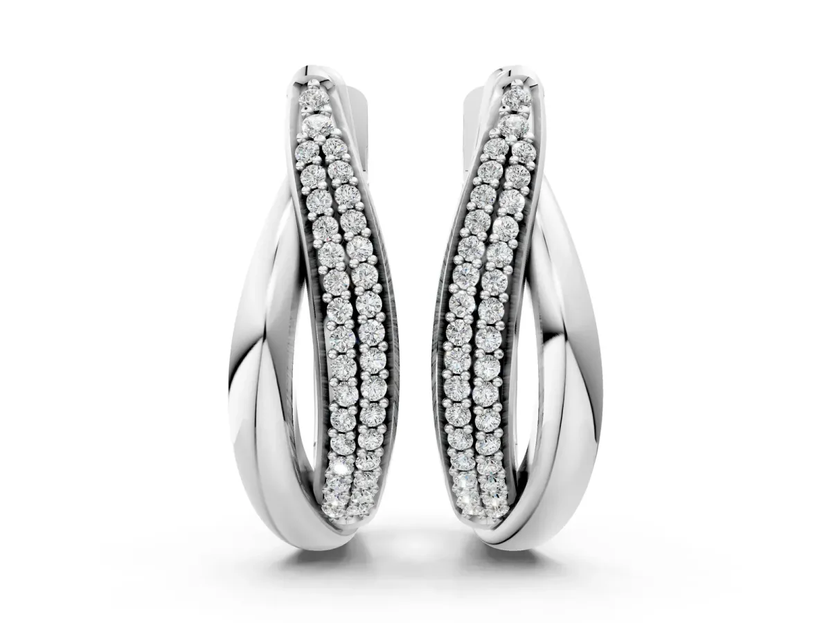 Round Diamond Double Row Huggie Hoop Earrings Silver