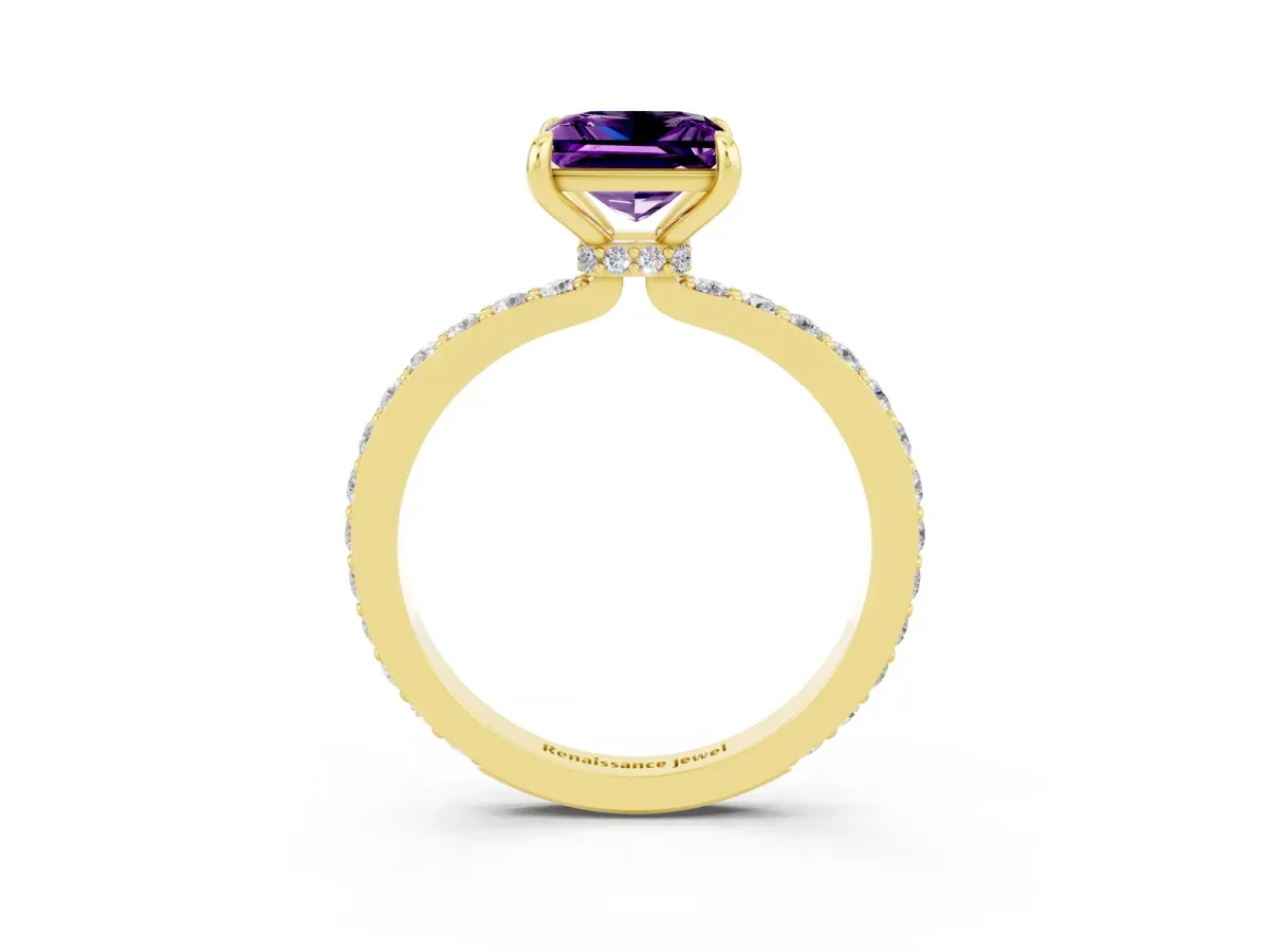 Princess Cut Amethyst Solitaire Engagement Ring with Pavé Band and Four-Prong Setting Yellow gold