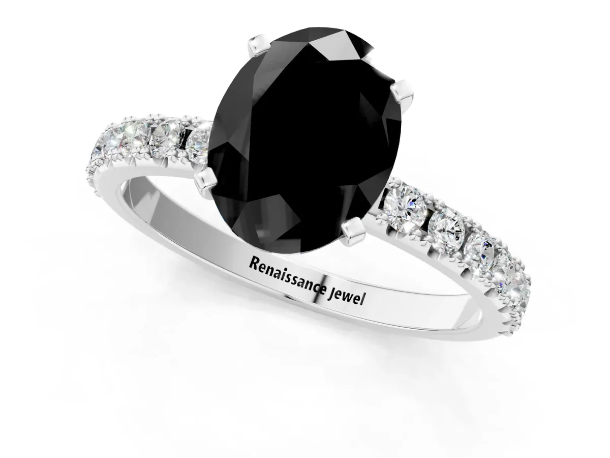 Fancy Black Oval Cut Diamond Solitaire Pavé Band with Four-Prong Setting Silver