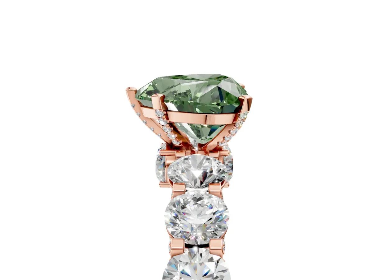 Fancy Green Heart Cut Diamond Side Stone Engagement Ring with Four-Prong Setting Rose gold