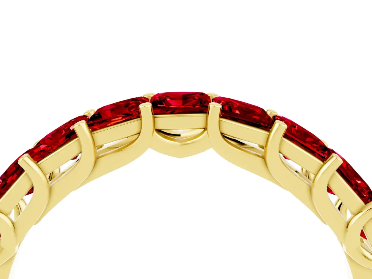 Princess Cut Ruby Channel-Set Eternity Band with Prong Setting Yellow gold