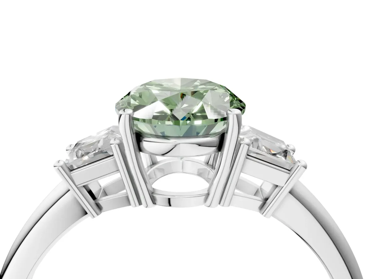 Fancy Green Oval Cut Diamond Three-Stone Ring with Trapezoid Side Stones and Prong Setting Silver