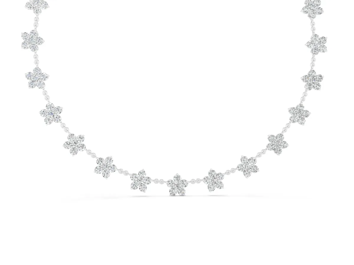 Round Diamond Floral Station Necklace with Diamond Accents Silver