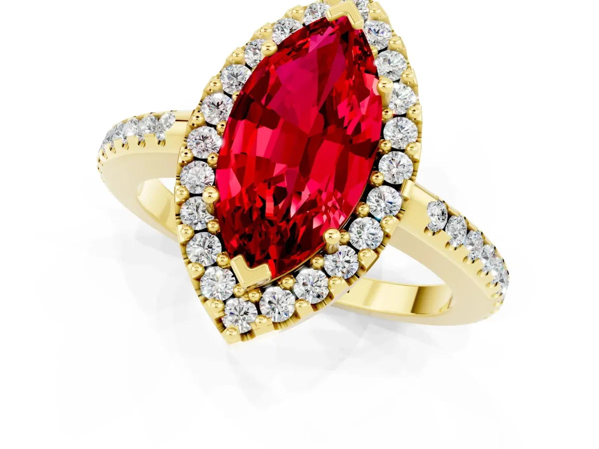 Marquise Cut Ruby Pavé Halo Ring with Four-Prong Setting Yellow gold