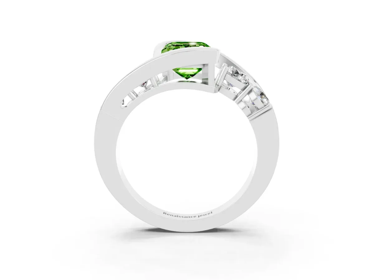 Bezel Set Emerald Cut Peridot Bypass Ring with Round Accents Silver