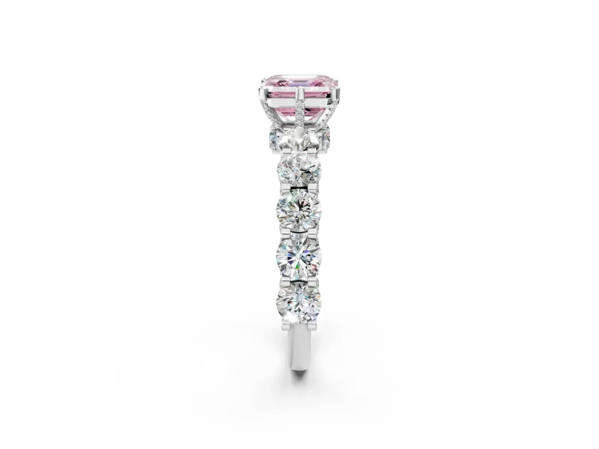 Fancy Pink Asscher Cut Diamond Side Stone Engagement Ring with Four-Prong Setting White gold