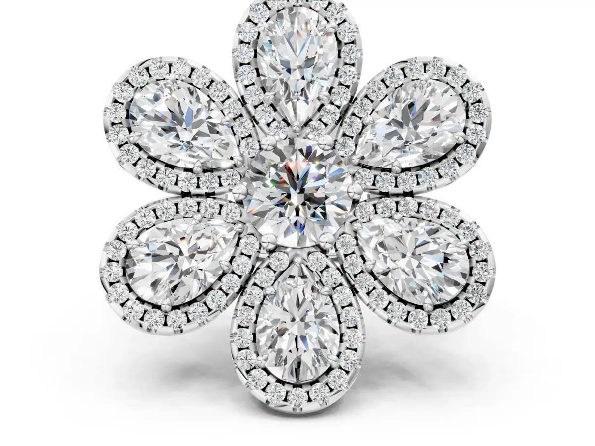 Pear Diamond Floral Promise Ring with Round Diamond Center Platinum