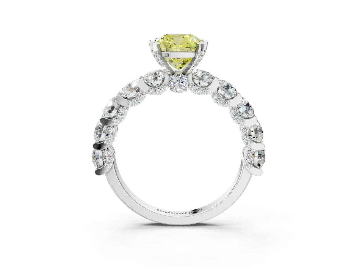 Fancy Yellow Cushion Cut Diamond Side Stone Engagement Ring with Four-Prong Setting White gold