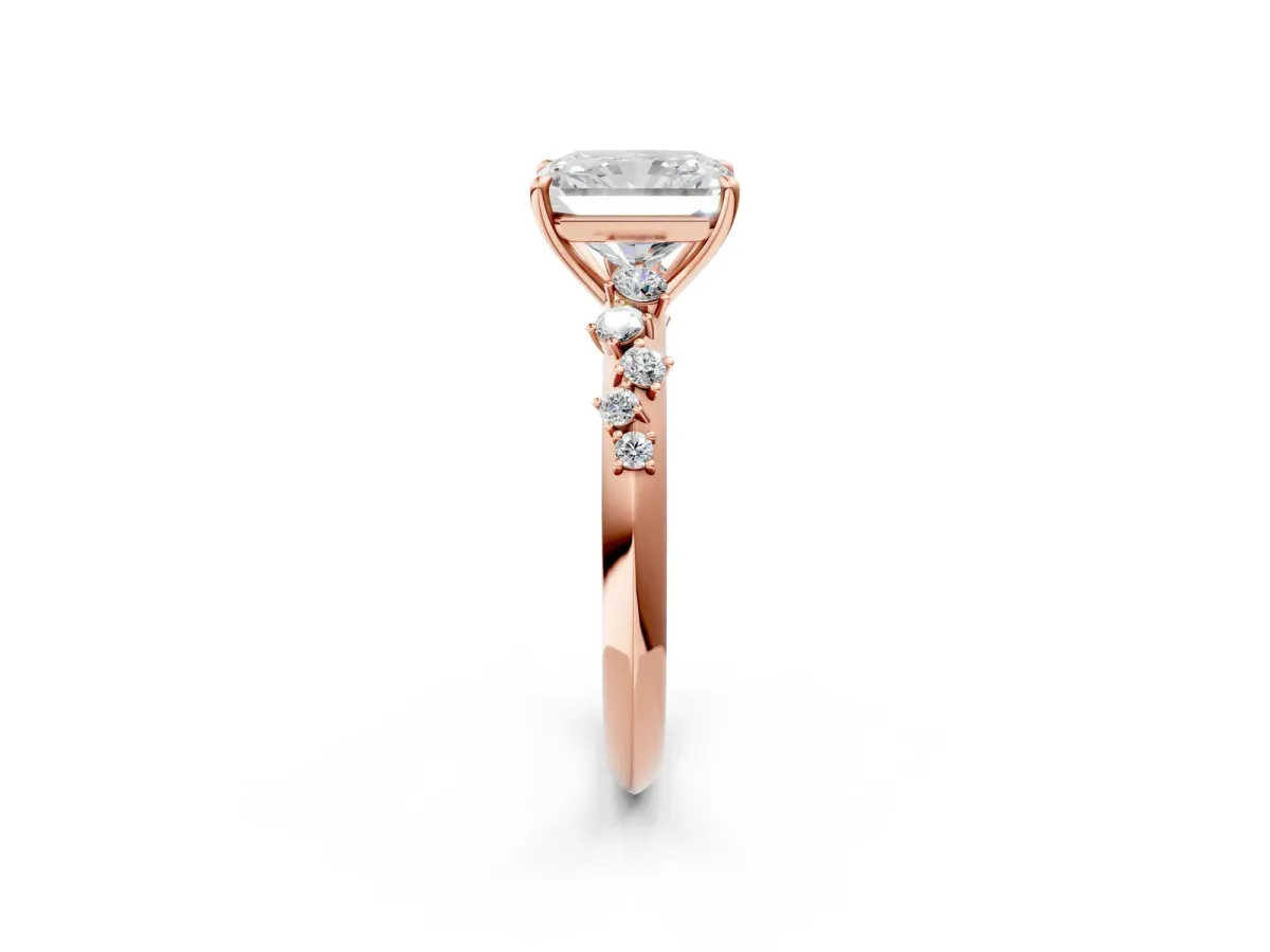 Radiant Cut Diamond Cluster Side Stone Solitaire Ring with Prong Setting Rose gold